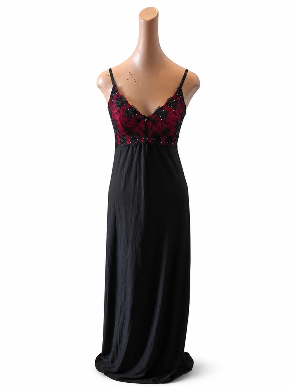 Soma Black Long Nightgown with Deep Red Embroidered Bodice
